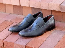 Pelle Exotics Ostrich Slip-On Penny Loafer Grey