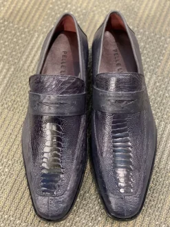 Pelle Exotics Ostrich Slip-On Penny Loafer Grey