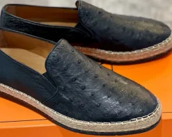Pelle "San Remo" Ostrich Slip-On Espadrille Loafer Black