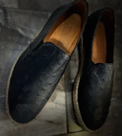 Pelle "San Remo" Ostrich Slip-On Espadrille Loafer Black