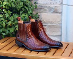 Woven Calfskin Slip-On Boot Cognac