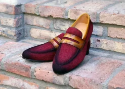 Woven Canvas & Calfskin Slip-On Loafer Burgundy/Camel