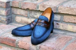 Woven Canvas & Calfskin Slip-On Loafer Blue/Brown
