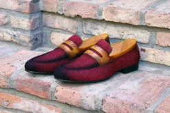 Woven Canvas & Calfskin Slip-On Loafer Burgundy/Camel