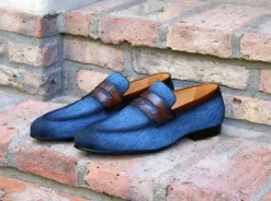 Woven Canvas & Calfskin Slip-On Loafer Blue/Brown