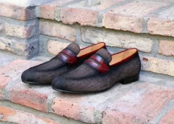 Woven Canvas & Calfskin Slip-On Loafer Brown/Burgundy