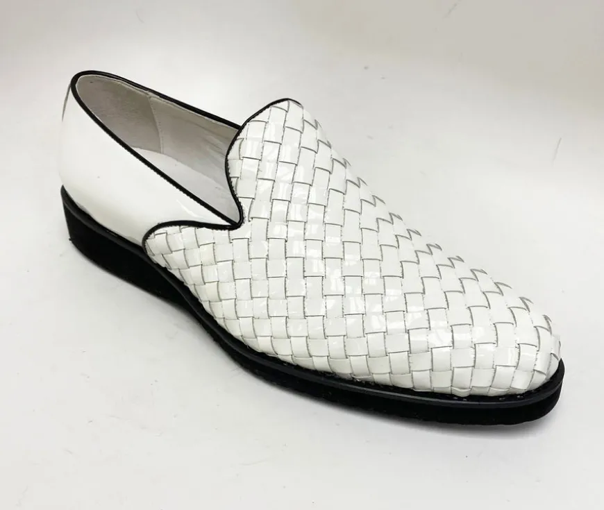 Woven Shiny Calfskin Slip-On Loafer White