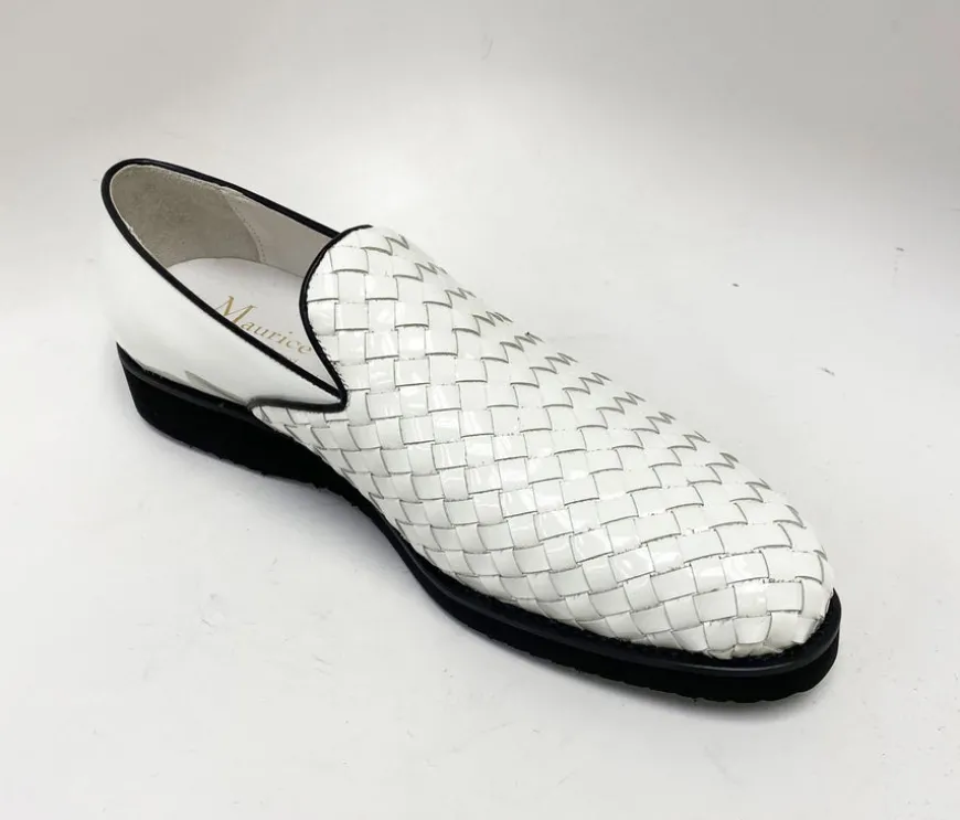 Woven Shiny Calfskin Slip-On Loafer White
